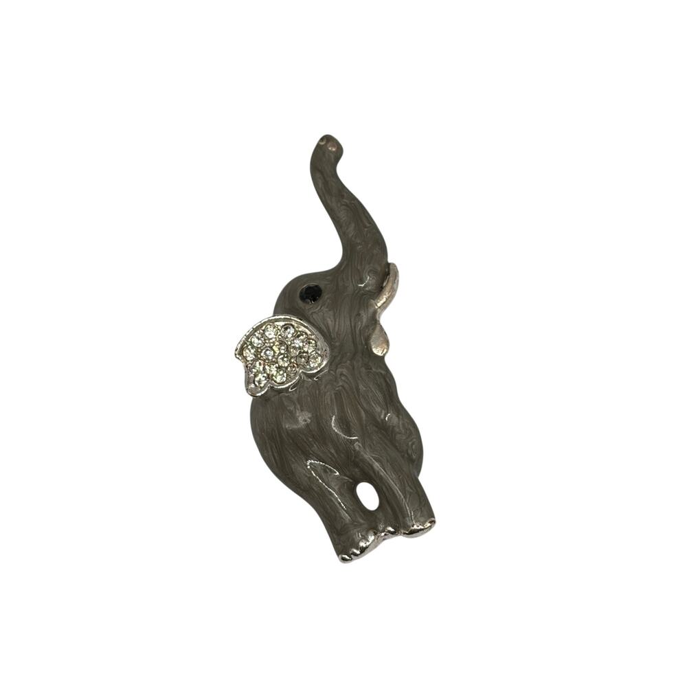 Vintage Elephant Brooch Gray Enamel Rhinestone Ear Silver Tone 2.5” - Picture 1 of 4